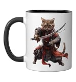 Samurai Cat Coffee Mug Katana Ninja Funny Kitty Warrior Cup Ceramic Mug, Black/White, 11oz