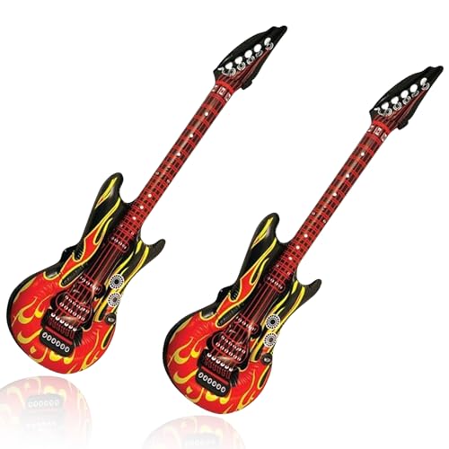 2 Pcs Inflatable Flame Guitar Blow up Guitar Dress Punk Rocker Party Accessories Inflatable Rock Star Toy Set for 80s 90s Themed Carnival Party Fancy Dress Accessory