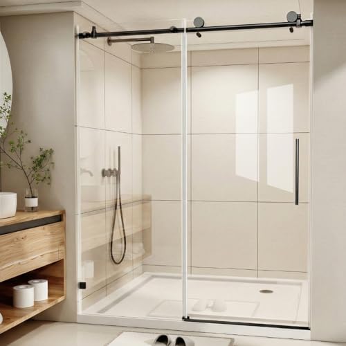 Porte de douche sans cadre avec tube supérieur rond – Porte de douche coulissante en verre noir mat, 6 mm de large x 193 cm de haut, verre trempé...
