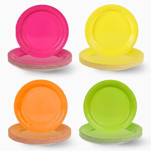 COSINIA 72 Pcs 7 Inch Neon Paper Plates Disposable Bulk Dessert Plates