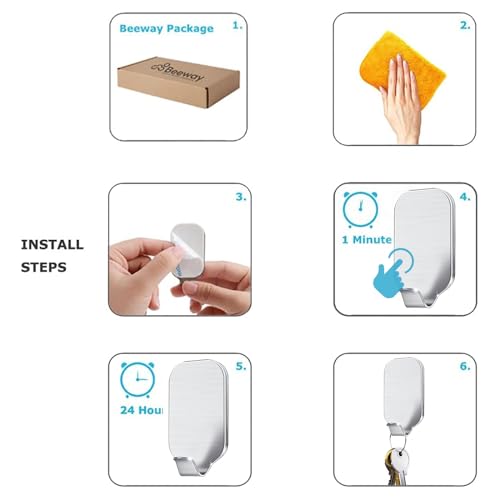 BEEWAY Self Adhesive Hook - Pack of 10 Wall Door Hooks Stick On/Sticky Hooks for Bathroom Kitchen Hanging Coat Cloth Towel Key - Stainless Steel, Waterproof, No Nails BEEWAY Self Adhesive Hook - Pack of 10 Wall Door Hooks Stick On/Sticky Hooks for Bathroom Kitchen Hanging Coat Cloth Towel Key - Stainless Steel, Waterproof, No Nails