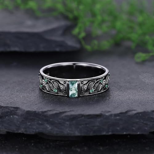 High-grade Gothic Natural Moss Agate Black Couple Rings Inspired Twig Leaf Moss Rings for His and Her Silver/10K 14K 18K Black Gold Wedding Band Anniversary Customize Gift for Women Men4