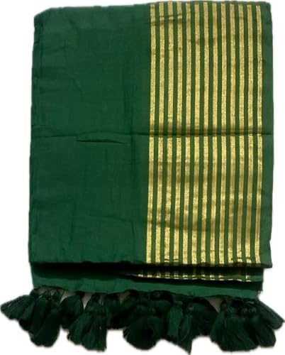 Image of Women's Mul Cotton Saree with Tassels | Soft Mulmul Saree | Woven Stripes & Zari Line | 5.5 Metres - Without Blouse