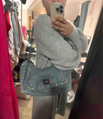 Denim Tote Bag for Women Fashion Adjustable Chain Shoulder Handbag Crossbody Bag Retro Zipper Hobo Purse4