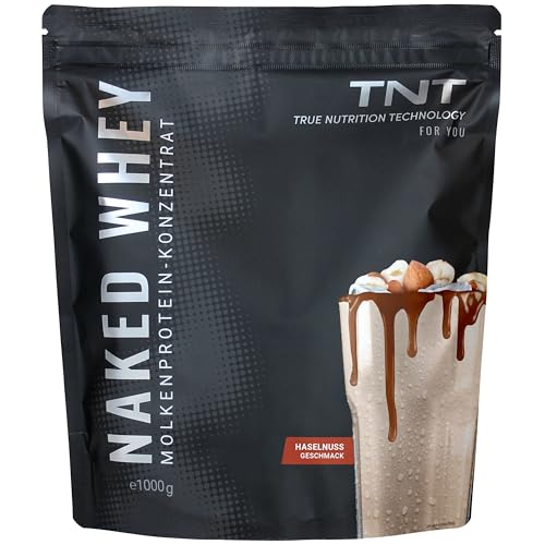 TNT Naked Whey Protein Pulver (1kg) • Eiweißpulver mit Laktase für Protein Shake, Backen & Kochen • Tolle Löslichkeit & leckerer Geschmack • Proteinpulver (Haselnuss)