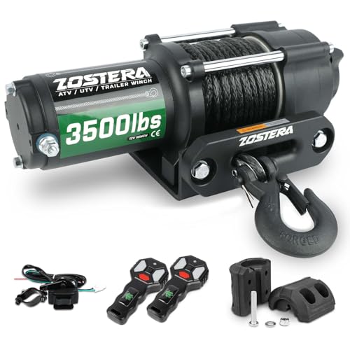 Zostera 3500lbs ATV/UTV Winch with Synthetic Rope Electric Boat Trailer Winch 12V Waterproof Winch with 2 Wireless Remotes &Wired Switch with Mounting Plate Pulley Rope Damper Aluminium Fairlead