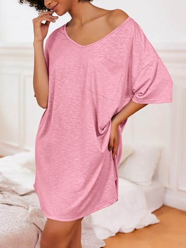 Image of Ekouaer Womens Tshirt Nightgown Cotton V Neck Sleepshirts Comfy Casual Nightshirt for Women