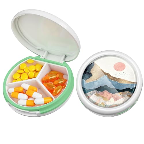 Image of Serfeymi Small Pill Box - 3 Compartments Portable Pill Box for Purse Pocket, Compact Mini Travel Pill Case - Suitable for Medicine, Vitamin, Fish Oil, Supplements - White(Mountain Sunrise)