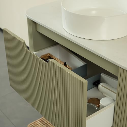 Image of KEIKI 36 inch Bathroom Vanity Cabinet with Sink Combo, Wall Mounted Curved Edges Striped Floating Bathroom Vanity with Soft-Close Drawer, White Round Ceramic Basin Without Faucet, Light Green
