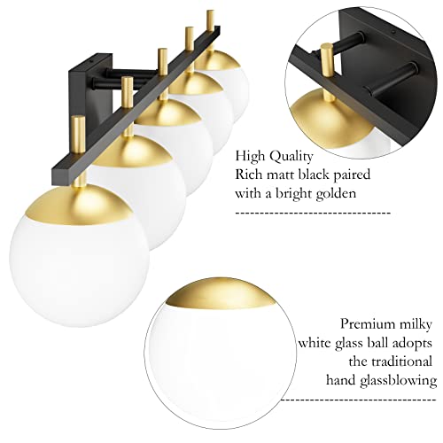 Image of Ralbay Mid Century Modern Bathroom Vanity Light Fixture 5 Light Milky Glass Globe Modern Bathroom Light Fixture Over Mirror, Black /Golden 5 Light