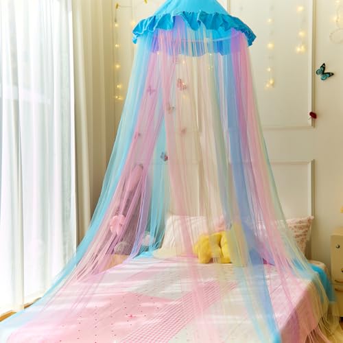Image of Blue Rainbow Bed Canopy Twin Size Breathable Canopy Bed Curtain for Bed,Princess Play Tent for Girls Bedroom Decoration Reading Nook
