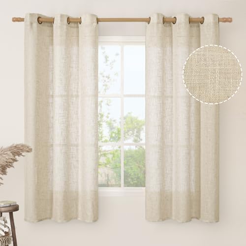 Image of LAMIT 60 Inch Semi Sheer Linen Curtains for Kitchen 2 Panels, Linen Textured Light Filtering Window Drapes Bronze Grommet Neutral Boho Panels for Bedroom /Dining Room, Linen, 34 x 60 Inch