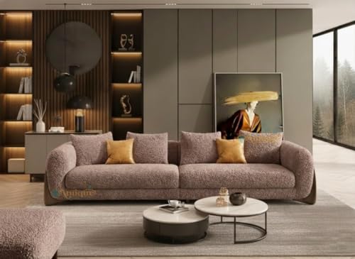 Image of Modern Sofa, Teddy Fabric, Chesterfield Style, Wooden Legs, for Living Room, Bedroom, Hallways (3+1+Ottoman, Light Brown)