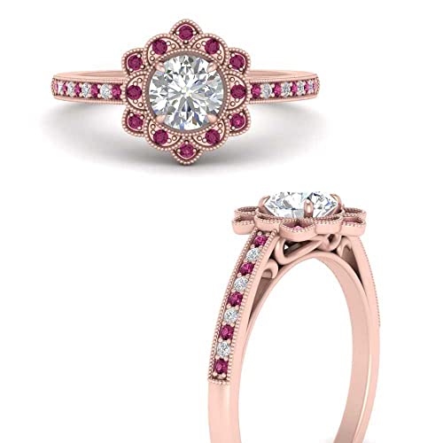 Image of 55Carat Choose Your Gemstone Milgrain Floral Halo Diamond CZ Ring Rose Gold Plated Round Shape Halo Engagement Rings Everyday Jewelry Wedding Jewelry Handmade Gifts for Wife US Size 4 to 12
