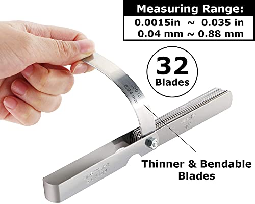 Spurtar Feeler Gauges Stainless Steel 32 Blades 0.04-0.88 mm (0.0015-0.035 Inch) Feeler Gauge Metric/Imperial for Measuring Gap Width Thickness for Guitar, Spark Plug, Valve, Piston Measure