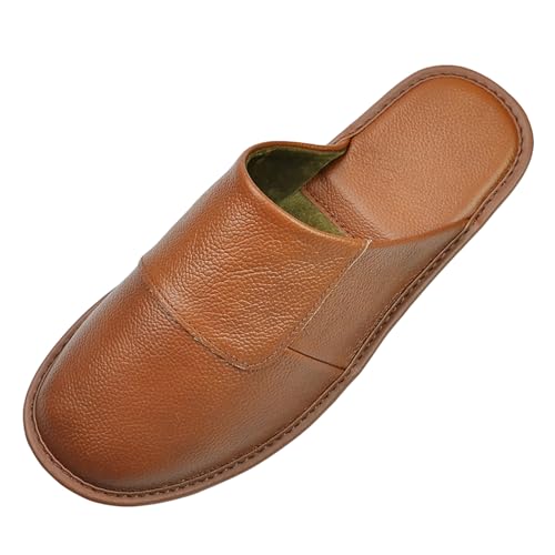 Image of Hwayslon Leather Slippers Men's Women's Leather Room Shoes Natural Cowhide Luxury Solid Color Unisex