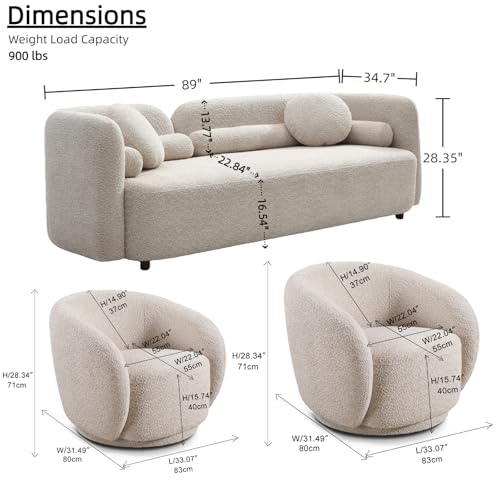 Image of Curved Sofa Set for Living Room, 3-Seater Upholstered Boucle Fabric Modern Sofa Set of 3 Piece Couch Set Minimalist Sofa with Swivel Accent Chairs Modern Sofa Set Home Bedroom Office (Beige)