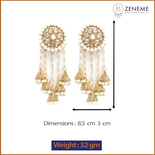 Image of Zeneme Earring Gold Plated Beaded Handcrafted Bahubali Inspired Devsena Jhumka Fringed Dangle Jewellery For Girl And Women