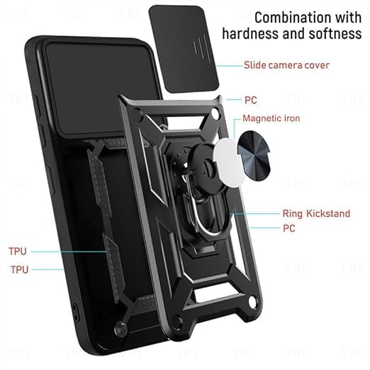 Image of SPAZY CASE Oppo K13 5g Back Cover | Heavy Duty Hybrid Case with 360 Degree Rotating Finger Ring Holder + Slider Shutter Camera Protection Case for Oppo K13 5g - Black