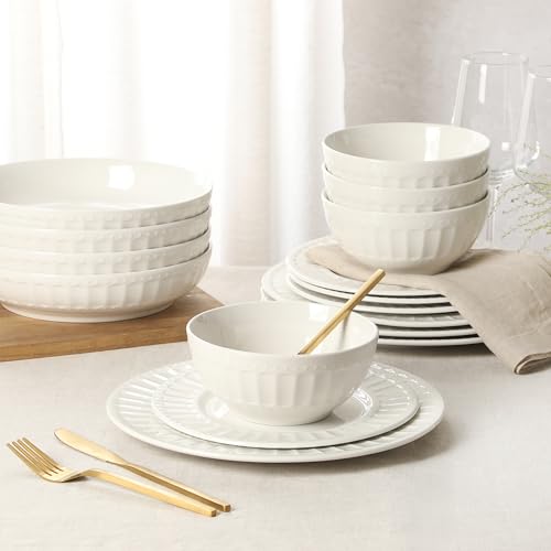 Image of Gibson Home Melbourne White Plates and Bowls Set, 16 Piece Embossed Ceramic Dinnerware Set - Service for 4 Dishes - With Pasta Bowl