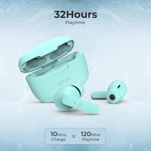 Image of pTron Basspods P81 in-Ear Wireless Earbuds, Pristine Sound, 32Hrs Playtime, Clear Calls TWS Earbuds, Bluetooth V5.1 Headphone, Type-C Fast Charging, Voice Assist & IPX4 Water Resistant (Mint Green)