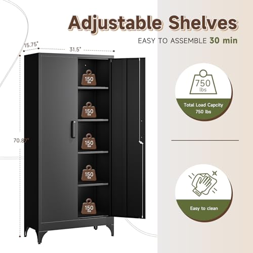 Image of Letaya 71 inch H Metal Storage Cabinet with 2 Doors and 4 Shelves,Tall Kitchen Pantry Cabinets,Utility Pantry Organizers for Cupboard /Dining /Bathroom /Home Office /Garage, Steel Tool Cabinets