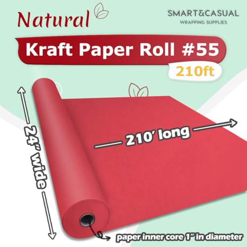 Image of SMART&CASUAL 24 inch x 2,520 inch (210') Red Kraft Craft Paper Roll for Gift Wrapping Bulletin Board Bouquet Flower Art Packing Parcel Table Covering 80GSM 55LB (Red, 24 inch x 210')