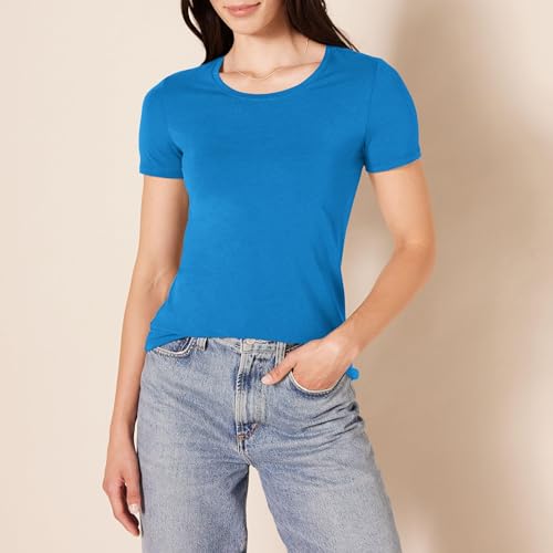 Amazon Essentials Camiseta de Manga Corta con Cuello Redondo y Corte Recto Mujer, Pack de 2, Azul/Naranja Coral, L