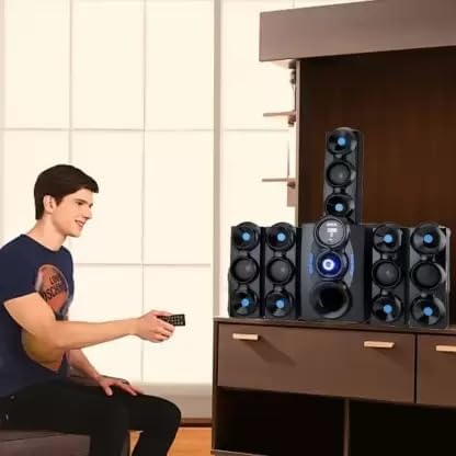 Black Jumbo Home Theatre 5.1 Channel or Wall Mount Satellites. 6 inch subwoofer Multimedia Connectivity Bluetooth,Fm,USB,Aux. Compatible with Smart tv,Laptop,Smart mobiles,Gaming Console etc 5