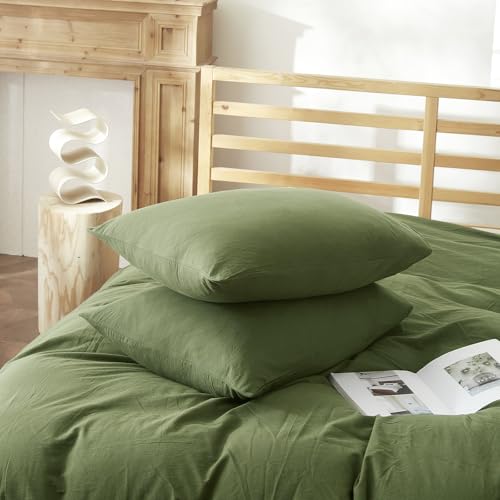 AMWAN Solid Color Army Green Duvet Cover King Size Bedding Sets Natural Washed Cotton Comforter Cover Dark Green Bedding Duvet Cover for Men Women Simple Style Green Bedding Collection - Image 5