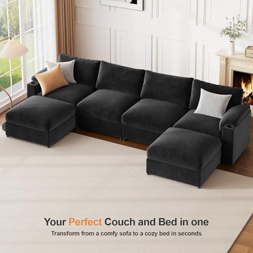 Image of Sectional Couches for Living Room FSC Certified Chenille Modular Couch Oversized Cloud U Shaped Convertible Sleeper Sofa Chaise Detachable Armrest Cushion (Chenille Black, U Shape 6 Seat)