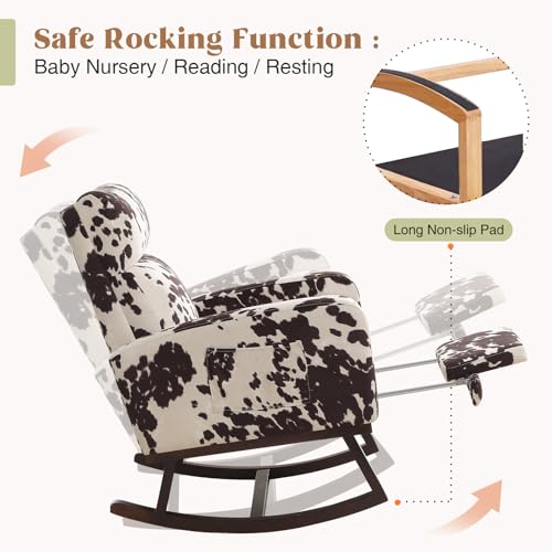 Image of HCHAIRH Rocking Chair Nursery with Foot Rest, Nursing Rocking Chairs for Mom Nursery, Rocker Glider with High Backrest for Living Room, Bedroom, Cow Printed
