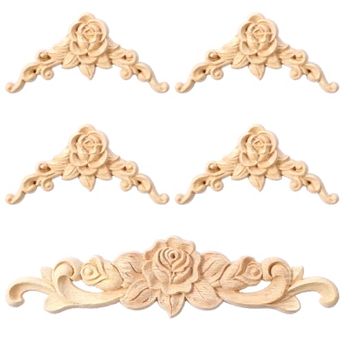 5PCS Wooden Appliques Onlays Set, Wood Carved Wall Decor for Furniture, Decorative Rose Wooden Onlay for Bed Door Wall Cabinet Wardrobe, Home Embellishments for Craft DIY Projects