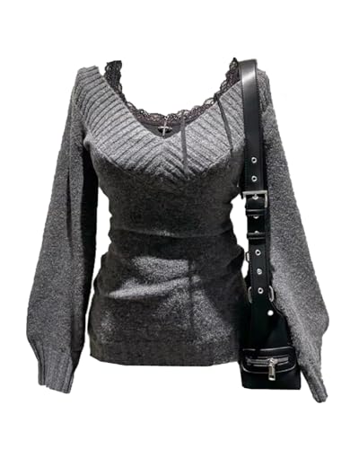 Image of Women Vintage Coquette V-Neck Slim Fit Sweater Y2K Aesthetic Long Sleeve Knitted Pullovers Top