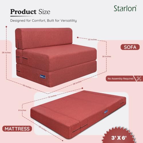 Image of Starlon 2 Seater Foldable Sofa Cum Bed 3-in-1 with 2 Floral Pattern Pillows, Washable Jute Fabric Cover, Space Saving Guest Bed, Pre-Assembled Royal Maroon 4x6 Ft