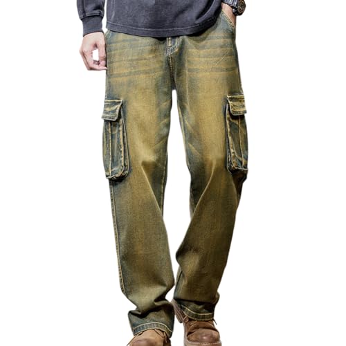 Straight Leg Stretch Cargo Denim Pants for Men Washed Relaxed Fit Jeans with Multi Pockets 28-44