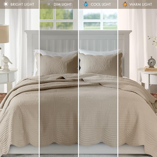Madison Park King Quilt Set - Damask Coverlet Set for King Size Bed, Cottage Oversized Quilt Set, Scallop Edge, All Season, Pre-washed Cotton-Filled Quilt, Tuscany, Khaki 3 Piece - Image 6