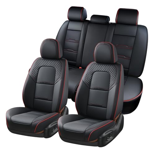 Image of Coverado Car Seat Covers Full Set, 5 Piece Car Seat Protector with Removable Headrest, Nappa Leather Breathable Front Rear Seat Cushion Side All Wrapped Universal Fit Truck Most Cars Black & Red
