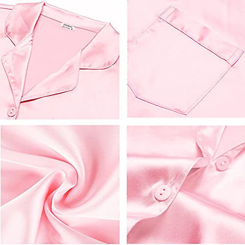 Image of SWOMOG Long Sleeve Pajamas Set Silk Satin Sleepwear Button Down Pjs Loungewear with Pocket