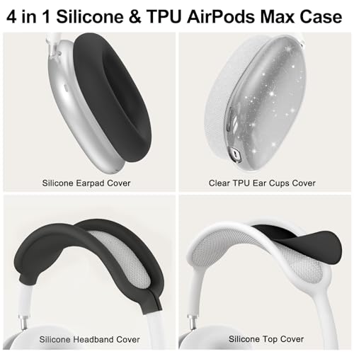 Image of Silicone Case Cover for AirPods Max 2 /AirPods Max Headphones(Glitter Black) | Clear Soft TPU Ear Cups Cover /Ear Pad Case Cover /Headband Cover for AirPods Max,Transparent Accessories for Apple AirPods Max