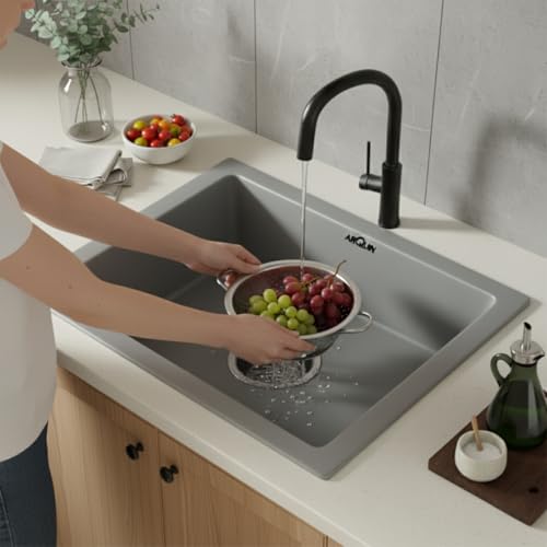 Image of ARQUIN Quartz Kitchen Sink 21x18x9 Inch Grey | Single Bowl Sink | Durable & Scratch-Resistant | Undermount /Topmount Including Coupling, Waste Pipe & Fruit Washing Basket