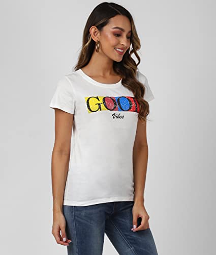 Image of UrbanMark Women 100% Cotton Round Neck Text Printed Half Sleeves T-Shirt - White