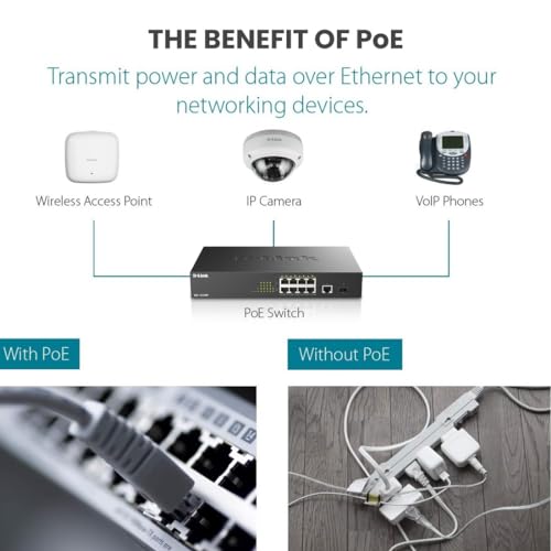 Image of D-Link PoE Switch, 8 10 Port Unmanaged w / 1 Gigabit Ethernet Port & 1 SFP Uplink Port, 125W PoE Budget Fanless Rackmount Plug N Play (DGS-1010MP), Black