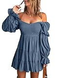 Dokotoo Women Cute Summer Spring Sexy Off The Shoulder Square V Neck Lantern Long Sleeve Babydoll Mini Short Dress Ruffle Smocked Easter A-Line Short Skater Dresses for Women Casual 2024 Blue Small