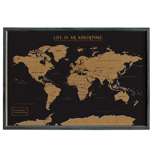 Image of Splosh Travel Map - XL Desk World Map Pin Board in Black, Wooden Frame. World Map Cork Board with 100 Pins in 2 Colours to Mark Your Past and Future Adventures Framed World Maps for Desks.