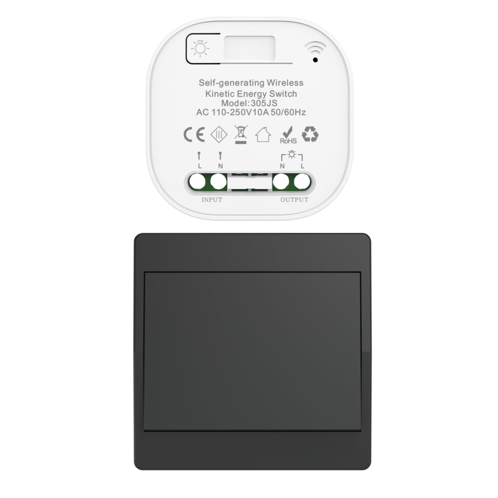 interruptor inalámbrico cinético negro RF interruptores inalámbricos de control simple y doble sin batería mando a distancia radio interruptor inalámbrico (Negro 1Gang 1V1 EU)