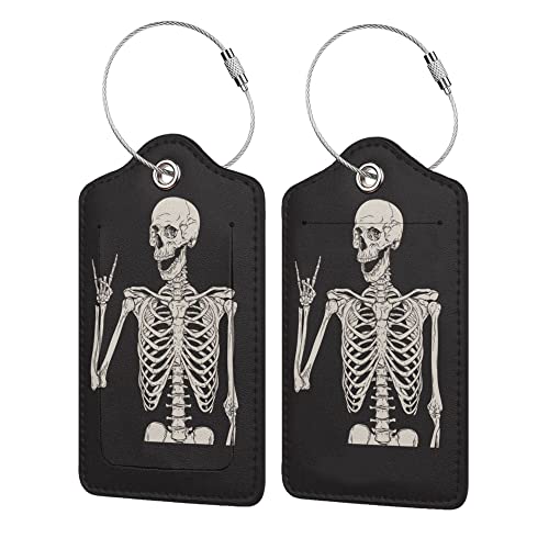 2 Pack Skull Rock and Roll Luggage Tags for Suitcases, Cool Leather Luggage Tag for Travel, Bag Tag Privacy Name ID Card Bag Labels for Friends Adults Kids Tourists