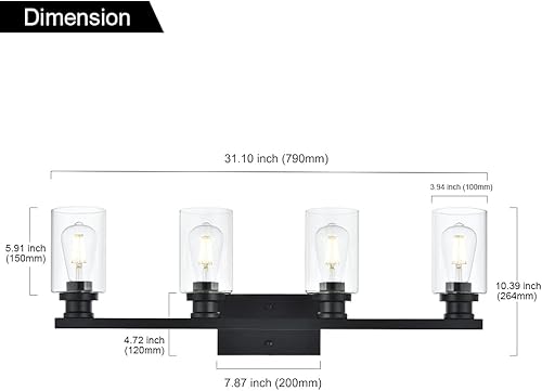 Miniatura 4 de VINLUZ Lámpara de pared industrial para interiores de 4 luces, color negro, con pantalla de cristal transparente, lámpara de pared clásica para