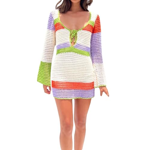 Image of Women Crochet Knit Mini Dress Colorful Striped Long Sleeve See Through Mesh Cover Ups Summer Beach Wear