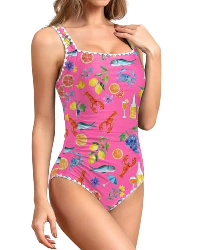 Image of Upopby Women's Vintage Padded Push up One Piece Swimsuits Tummy Control Bathing Suits Plus Size Swimwear